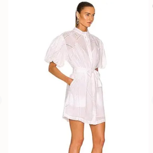 ❤️ FRAME DENIM LACE INSET PUFF SLEEVE WHITE RAMIE LINEN BELTED DRESS POCKETS NWT - Picture 3 of 4